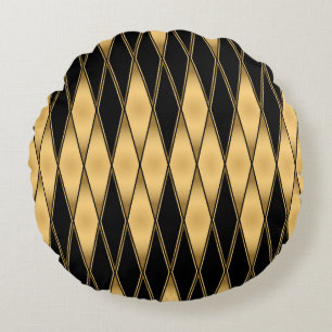 Diamond motif: gold-black elegant pattern. round cushion