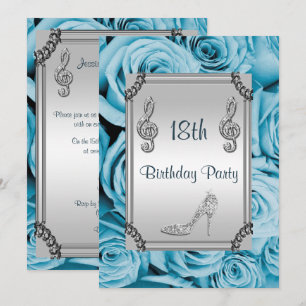 Diamond Music Note, Stiletto & Blue Roses 18th Invitation