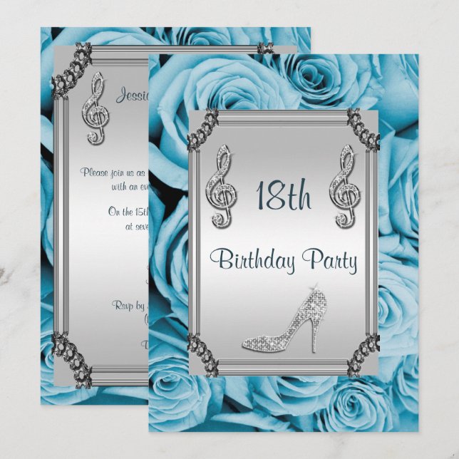 Diamond Music Note, Stiletto & Blue Roses 18th Invitation (Front/Back)