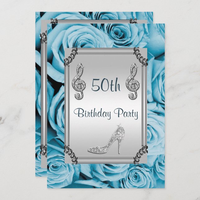 Diamond Music Note, Stiletto & Blue Roses 50th Invitation (Front/Back)