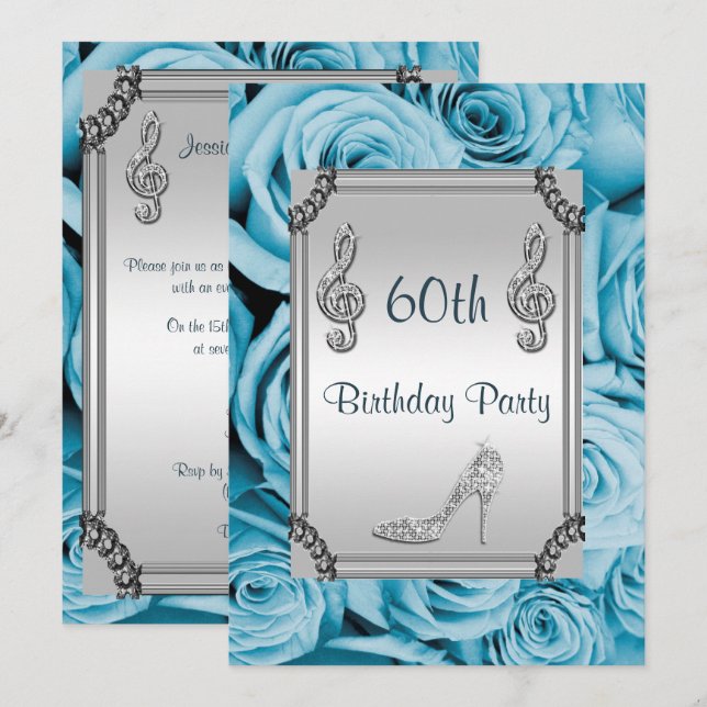 Diamond Music Note, Stiletto & Blue Roses 60th Invitation (Front/Back)