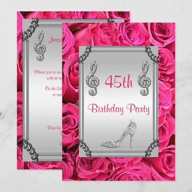 Diamond Music Note, Stiletto & Pink Roses 45th Invitation (Front/Back)