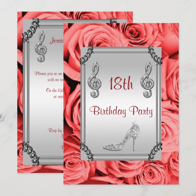 Diamond Music Note, Stiletto & Red Roses 18th Invitation (Front/Back)