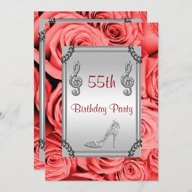 Diamond Music Note, Stiletto & Red Roses 55th Invitation (Front/Back)
