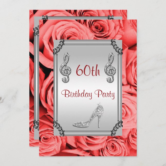 Diamond Music Note, Stiletto & Red Roses 60th Invitation (Front/Back)