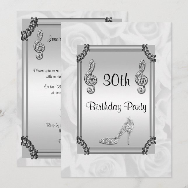 Diamond Music Note, Stiletto & White Roses 30th Invitation (Front/Back)