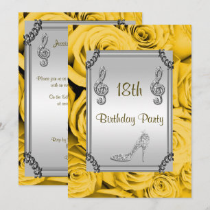 Diamond Music Note, Stiletto & Yellow Roses 18th Invitation
