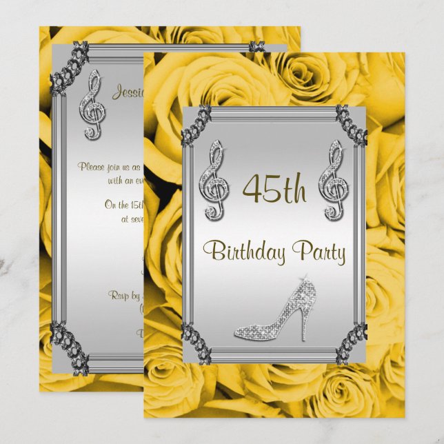 Diamond Music Note, Stiletto & Yellow Roses 45th Invitation (Front/Back)