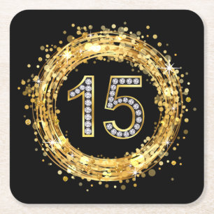 Diamond Number 15 Glitter Bling Confetti   gold Square Paper Coaster