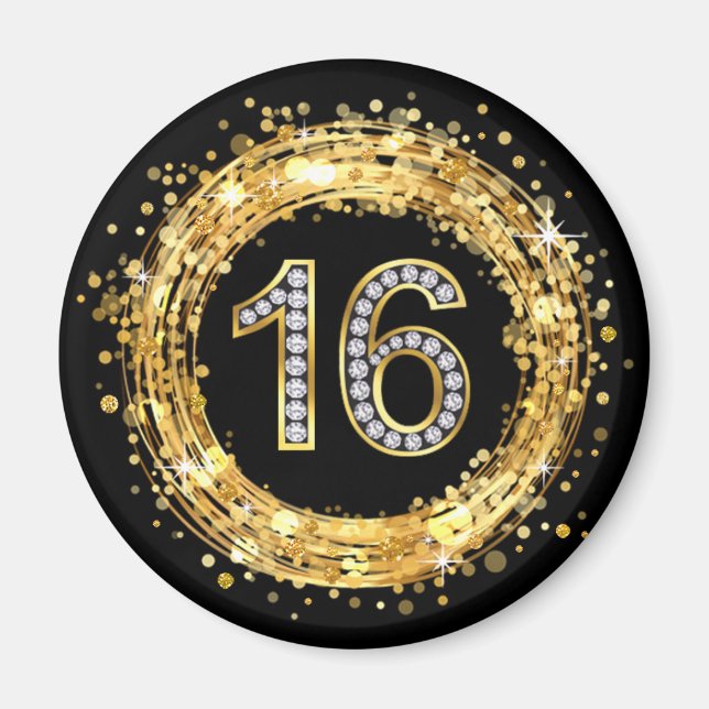 Diamond Number 16 Glitter Bling Confetti | gold Magnet (Front)