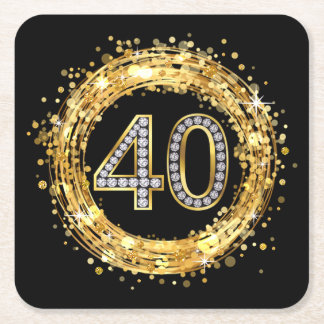 Diamond Number 40 Glitter Bling Confetti | gold Square Paper Coaster