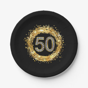 Diamond Number 50 Glitter Bling Confetti gold Paper Plate