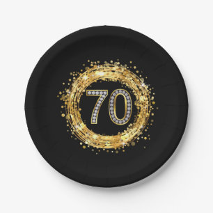 Diamond Number 70 Glitter Bling Confetti gold Paper Plate