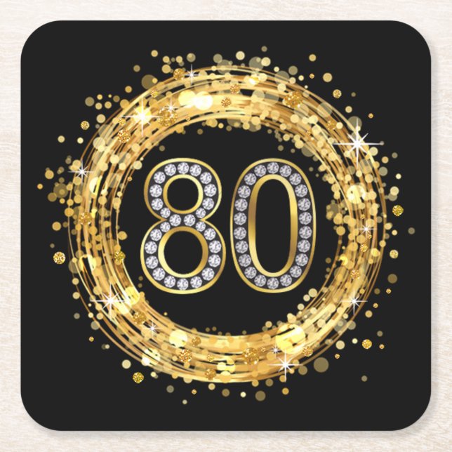 Diamond Number 80 Glitter Bling Confetti | gold Square Paper Coaster (Front)