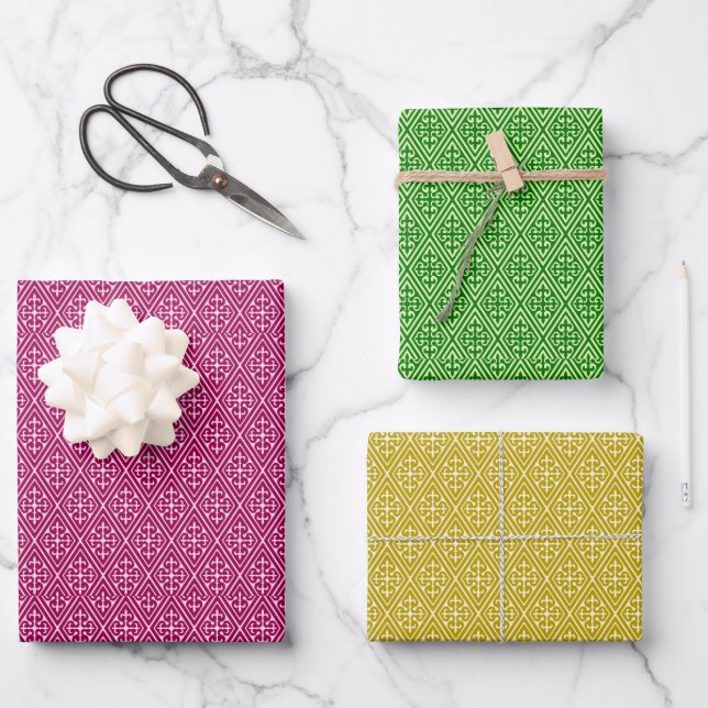 Diamond Pattern, Burgundy, Green and Gold  Wrapping Paper Sheet (Front)