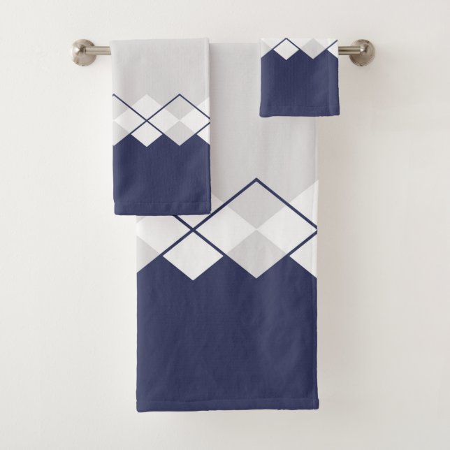 Diamond pattern in light grey, navy blue, white bath towel set (Insitu)