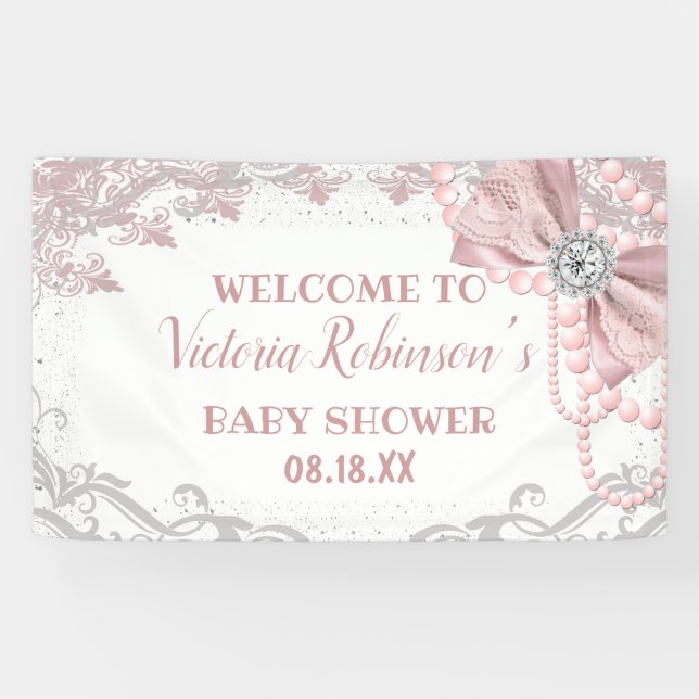Diamond Pearl Blush Pink Girly Elegant Baby Shower Banner (Horizontal)