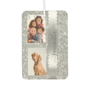 Diamond Photo Glitter Name Monogram Silver Car Air Freshener