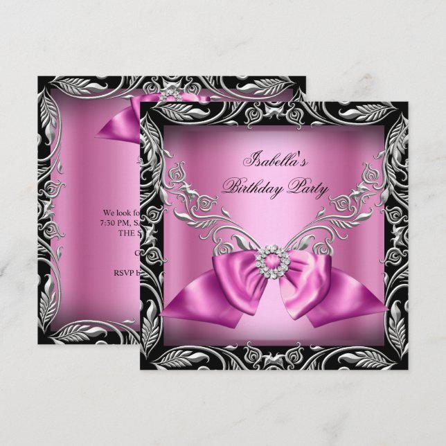 Diamond Pink Bow Silver Black Birthday Party Invitation (Front/Back)