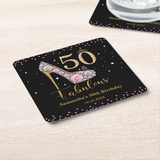 Diamond Pink Gold Fifty and Fabulous 50th Birthday Square Paper Coaster (Angled)
