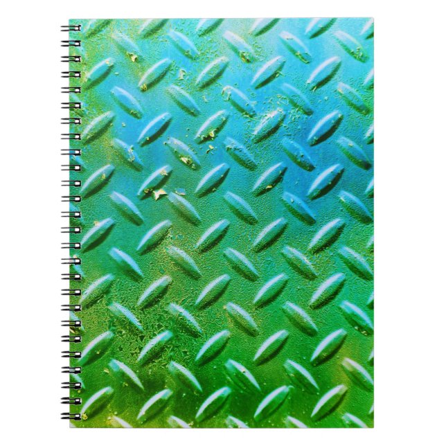 Diamond Plate Steel Green and Blue Spiral Notebook (Front)