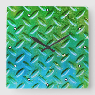 Diamond Plate Steel Green and Blue with Dots Square Wall Clock