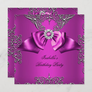 Diamond Plum Pink Bow Silver Elegant Birthday Invitation