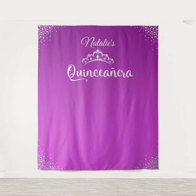 Diamond Princess Crown Quinceañera Backdrop Tapestry (Front)