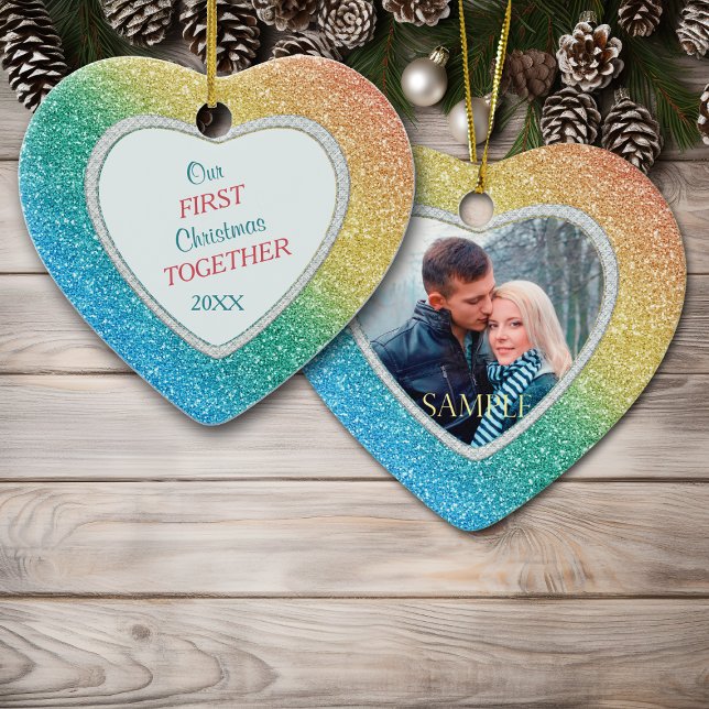 Diamond Rainbow Glitter Photo First Christmas Ceramic Tree Decoration (Creator Uploaded)