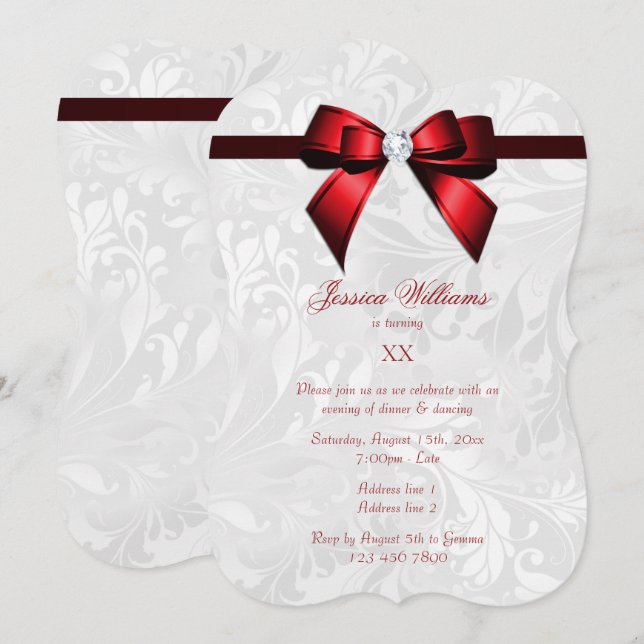 Diamond Red Bow, Ribbon  & Damask Birthday Party Invitation (Front/Back)