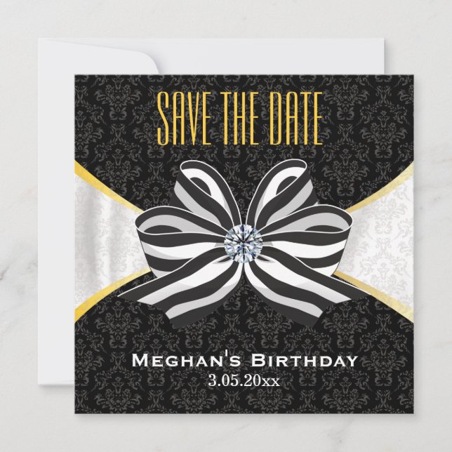 Diamond Ribbon with Damask Pattern Save The Date (Front)