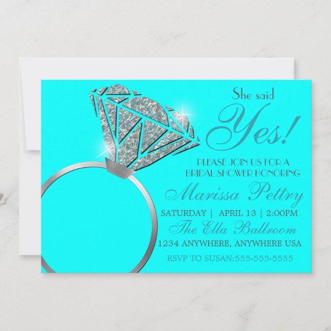 Diamond ring, Bridal Shower, she said yes, teal Invitation (Front)