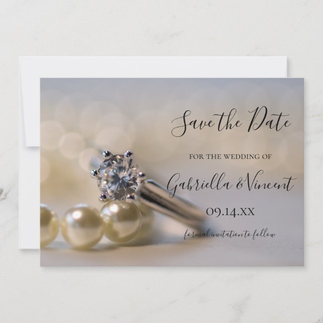 Diamond Ring White Pearls Wedding Save the Date (Front)