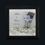 Diamond Rings and White Pearls Wedding Gift Box<br><div class="desc">Personalise the pretty Diamond Rings and White Pearls Wedding Gift Box with the names of the bride and groom and marriage ceremony date. This beautiful custom trinket box features a photograph of a white string of pearls necklace with a diamond engagement ring and wedding band set.</div>