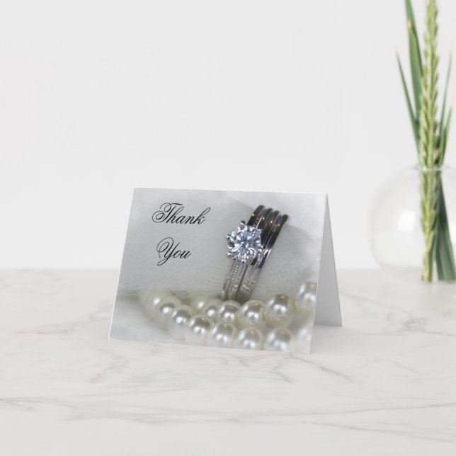 Diamond Rings and White Pearls Wedding Thank You Card (Front)