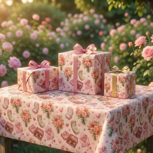 Diamond Rings, Roses & Luxury Gift Boxes Pattern Wrapping Paper Sheet (Creator Uploaded)