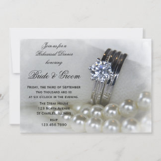 Diamond Rings White Pearl Wedding Rehearsal Dinner Invitation