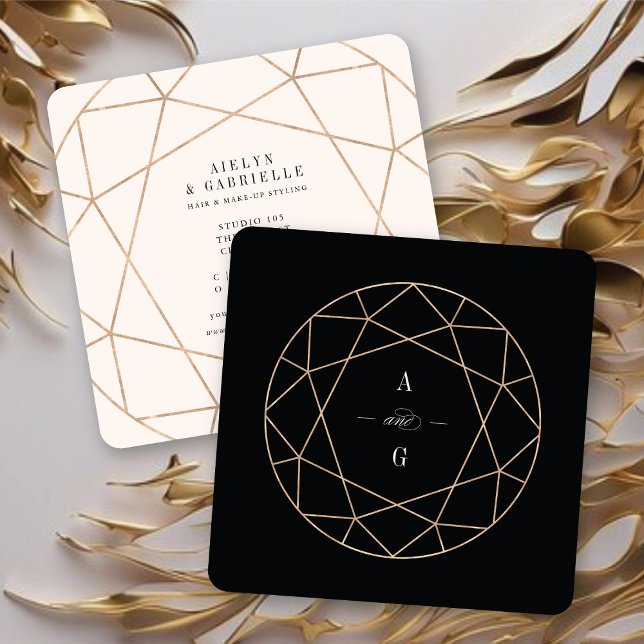 Diamond Rose Gold Gemstone Geometric Stylish Chic Square Business Card (Double Monograms Diamond Rose Gold Gemstone Geometric Stylish Chic Square Business Card @ fatfatin)
