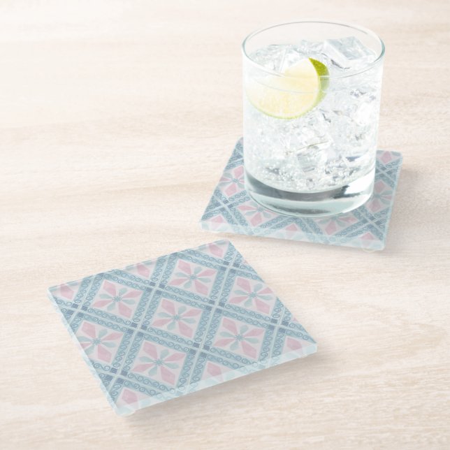 diamond shaped blue pattern glass coaster (Angled)