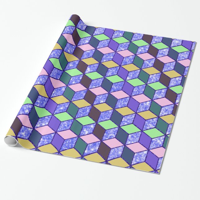 Diamond-Shaped Hexagon Blue Glitter Lined Wrapping Paper (Unrolled)