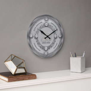 Diamond & Silver Frame 25th Wedding Anniversary Large Clock