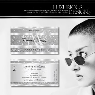 Diamond Silver Glitter Sparkle Stars with Monogram Business Card