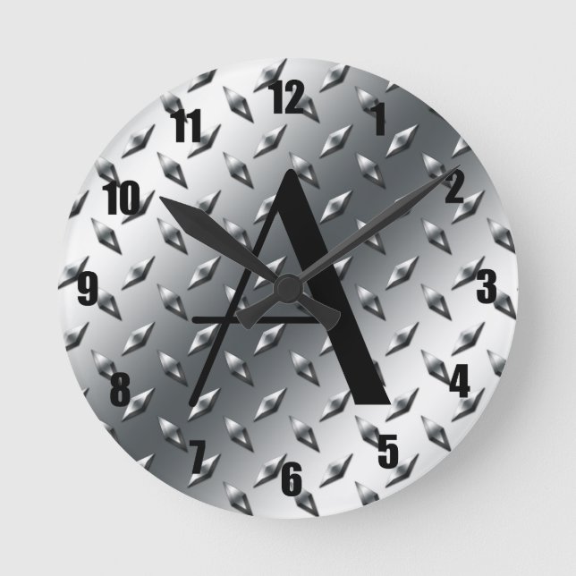 Diamond silver plate steel monogram round clock (Front)