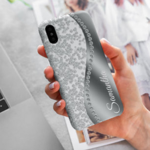 Diamond Simulated Monogram Silver Metal Bling iPhone 12 Case