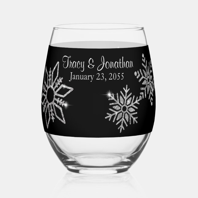Diamond Snowflake Wedding Stemless Wine Glass (Front)