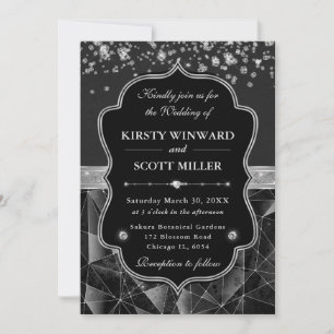 Diamond Sparkle Glamourous Black and Silver Weddin Invitation