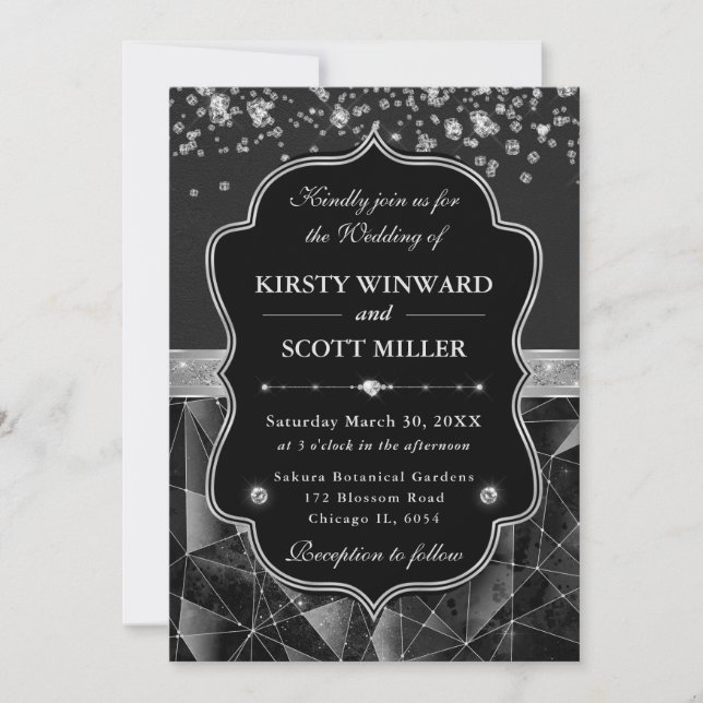 Diamond Sparkle Glamourous Black and Silver Weddin Invitation (Front)