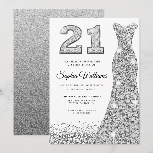 Diamond Sparkle Glitter Dress 21st Birthday Party Invitation (Front/Back)