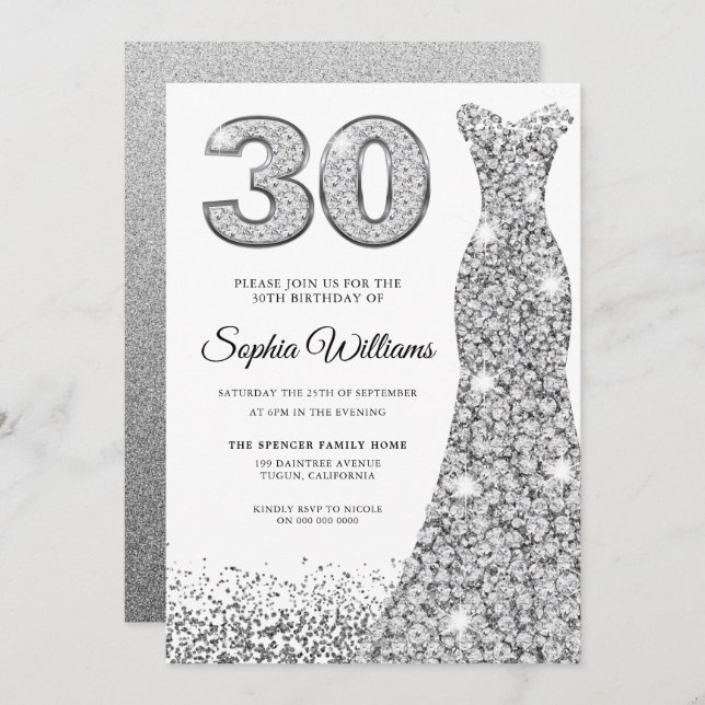 Diamond Sparkle Glitter Dress 30th Birthday Party Invitation (Front/Back)