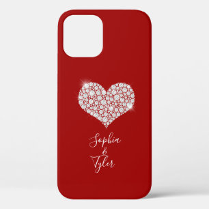 Diamond Sparkle Heart Wht Script Names, Deep Red iPhone 12 Case